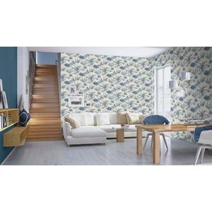 Rasch Behang 555127 - Vliesbehang met tropische planten in blauw en beige uit de collectie Lirico - 10,05 m x 0,53 m (l x b)