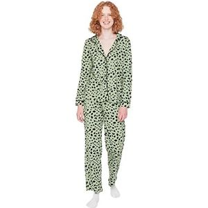 Trendyol Dames Dierenprint Midden Gebreide Shirt-Broek Pyjama Set, Groen, M
