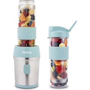 H.Koenig Mini Blender / Smoothie Maker Compact SMOO16, 570 ml, BPA-vrij, 300W, 2 flessen met reisdeksel, 4 roestvrijstalen messen, Pastel Blauw