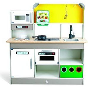 Hape E3177 Deluxe speelkeuken met magnetron, koffiezetapparaat, koelkast, oven, fornuis incl. grappige braadpan met veel accessoires, vanaf 3 jaar, multi