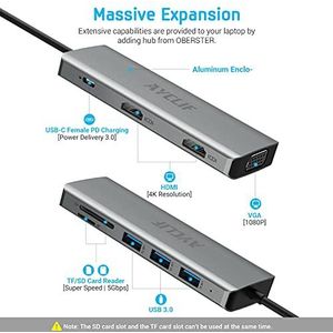 USB C HUB, 9 in 1 USB C docking station, HHV HUB 3.0 2 hdmi, VGA, 3 USB 3.0, 100W PD, SD/TF voor MacBook Pro/Air, iPad Pro/Air/Mini 6, Surface Pro 7, XPS 13 (zilver)