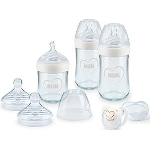 NUK 10225218 Nature Sense zuigflessen van glas, startset 0-6 maanden 3 x antikrampjes zuigflessen, spenen & geniale fopspenen BPA-vrij hart (neutraal) 7 stuks,Neutraal (hart)