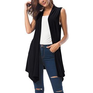Dames korte mouwen gedrapeerd open voorkant vest lichtgewicht zomer vest voor vrouwen, Zwart, XXL