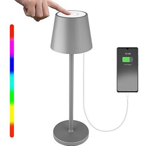 HOSWTLY Draadloze tafellamp, led-tafellamp, oplaadbaar met warm wit, 8 kleuren, RGB bedlamp, aanraking, dimbaar, waterdicht, voor binnen en buiten, woonkamer, slaapkamer, eettafel, grijs