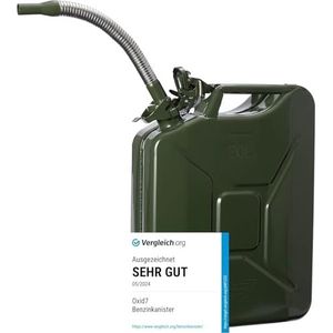 Oxid7 metalen jerrycan voor benzine van 20 liter, olijfgroen, incl. schenktuit zilver/groen met VN-goedkeuring, constructie getest.