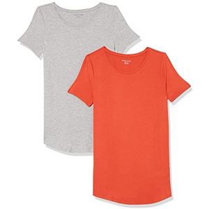 Amazon Essentials Dames tuniek met korte mouwen en ronde hals, 2 stuks, lichtgrijs heather/tomatenrood, XXL