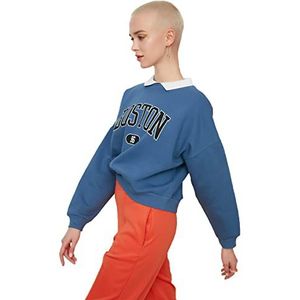 Trendyol Dames Indigo Bedrukt Boyfriend Knitted Schardon Sweatshirt, M
