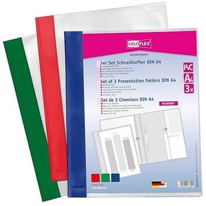 VELOFLEX 4741003 - VELOFORM losbladige ordner, 3 stuks, DIN A4, PVC, transparante voorkant, geschikt voor brochurevakken, groen rood blauw