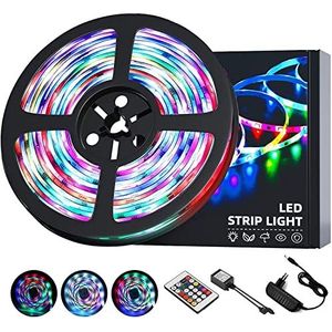 OUSFOT Ledstrip, 5 m, waterdicht, lichtketting, kleurverandering, RGB 5050, meerkleurig, 8 kleuren, 15 modi, voor Kerstmis, decoratie, kamer, huis, bar, feest