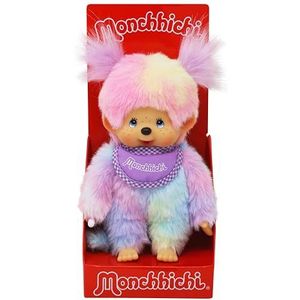 Sekiguchi 242153 - Origineel Monchhichi meisje, pluche figuur met slabbetje en vlechtjes, ca. 20 cm hoog knuffel gemaakt van kleurrijk pluche