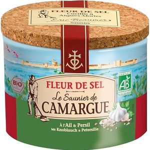 Le Saunier de Camargue Fleur De-Sel Knoflookpeterselie in blikje van 125 g, premium zeezout uit Zuid-Frankrijk, ideaal als afwerking van gerechten