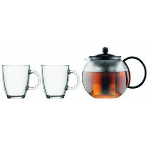 Bodum K1805-01 Assam Set, theemaker met roestvrijstalen filter 1 L en 2 stuks kopjes, glas, 0,35 L, zwart