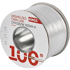 EMOS Koperen kabel 2 x 1 mm2, 100 meter twee-draads leiding van puur koper voor laagspanning, wit met polariteitsmarkering