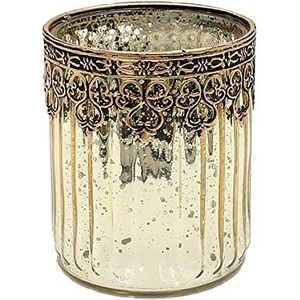 Oosterse lantaarn - theelichthouder - kaarsenhouder van glas in goud, met Marokko/gouden metalen decor, L/B/H 10 x 10 x 12 cm