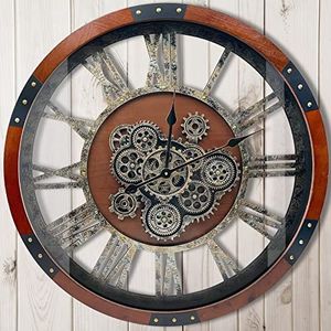 DORBOKER 60 cm originele bewegende tandwielen wandklok, grote industriële wandklok voor woonkamerdecoratie, extra grote houten vintage boerderij, steampunk, rustieke klokken voor muurdecoratie, zwarte