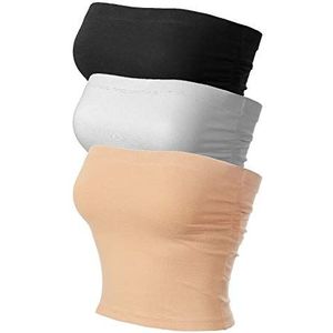 MixMatchy Women's Solid Casual Summer Side Shirring Scrunched Double Layered Tube Top 3PACK - Black/White/Nude XS