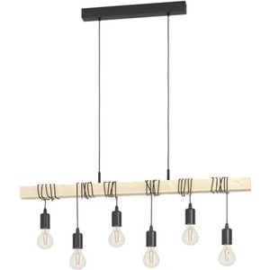 EGLO Townshend hanglamp, 6-lichts vintage pendellamp in industrieel ontwerp, retro plafondlamp hangend van staal en hout, kleur zwart, bruin, FSC gecertificeerd, E27