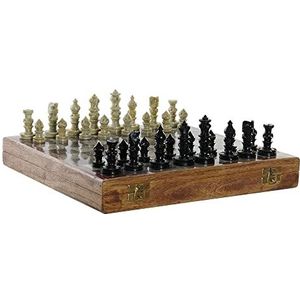 Luxe houten schaakspel in kist/koffer met stenen schaakstukken 30 x 30 cm - Schaakspel - Schaken