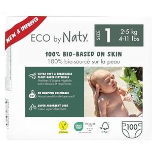 Eco by Naty Baby Luiers - Plantaardige milieuvriendelijke luiers, zeer geschikt voor de gevoelige babyhuid en helpt doorlekken voorkomen (Maat 1, 100 Stuks)