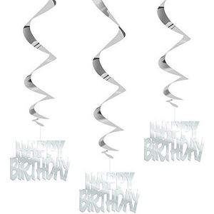 Unique Party 62940 - Hangende Swirl Zilveren Gelukkige Verjaardag Decoraties, Pack van 3
