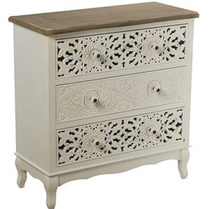 DRW commode met 3 laden van hout gesneden met plaat in wit en natuur, 75 x 34 x 76 cm