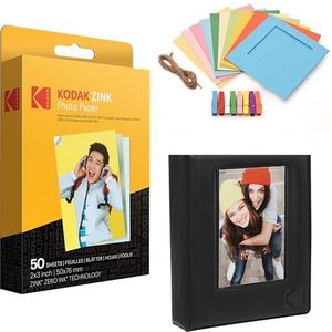 KODAK 2x3 Premium ZINK fotopapier (50 vellen) + kleurrijke vierkante hangende fotolijsten + fotoalbum (compatibel Printomatic Kodak Step and Smile), AMZ-RODZ2X3K1