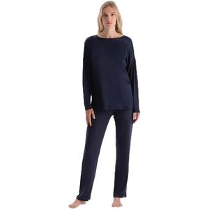 Dagi Dames Navy Satin Garnished Long Sleeve T-Shirt Broek Pyjama Set, 2XL, Donkerblauw, XXL