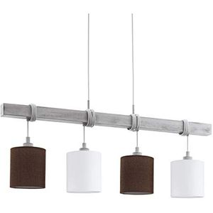 EGLO Townshend 2 Hanglamp, 4 lichtpunten, vintage, modern, hanglamp hout, staal in wit-patina en textiel, linnen in wit, bruin, eettafellamp, woonkame