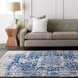 Surya Syracusa Vintage tapijt - vloerkleden, woonkamer, hal vloer, keuken, traditioneel veelkleurig boho-tapijt, onderhoudsvriendelijk pool, Boheems groot tapijt, 160 x 220 cm, blauw en beige tapijt