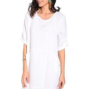 Bonateks Damesjurk van 100% linnen, gemaakt in Italië, halflange jurk met bandjes en opening aan de achterkant, wit, maat: XL, Wit, XL