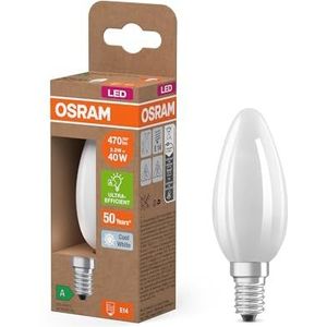 OSRAM Energy Class LED-lamp in klassieke mini-kaarsvorm, 2,2 W / 470 lm, EEK A, koud wit licht (4000 K), CRI 80, gemaakt van mat loodvrij glas, E14 fitting, IP20, 35 mm DM, 6 stuks