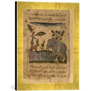 Ingelijste foto van boekschilderij ""Olifant en haas/Buchmal.arab./um 1350"", kunstdruk in hoogwaardige handgemaakte fotolijst, 30x40 cm, Gold Raya