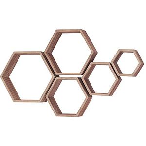 PHOENANCEE Set van 5, Zeshoekige Zwevende Planken, Houten Wandgemonteerde Zeshoekige Plank, Massief Houten Decoratieve Hangende Plank Voor Slaapkamer, Woonkamer, Kantoor(Koolzuurhoudend Zwart)