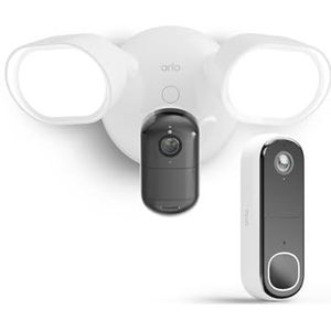Arlo 2K Floodlight Camera met verlichting (bekabeld) en draadloze HD-videodeurbel met nachtzicht, sirene, LED-licht, bewegingsdetectie, tweeweg-audio, inclusief Arlo Secure