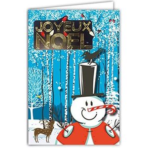 Afie 61-6054 Vrolijk kerstfeest kaart met envelop en collage in Relief goud glanzend glitter lichtketting vogels roodborstje blauw rendier sneeuwpop hout berken dennenbomen