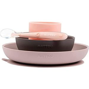Nattou Siliconen servies voor kinderen, 4-delig, bord + schaal antislip, BPA-vrij, siliconen, roze/paars
