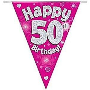 Party Bunting Happy 50e Verjaardag Roze Holografische 11 vlaggen 3.9m