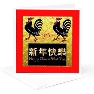 3dRose gc_252058_5 6 x 6-Inch ""Afbeelding van Chinees Nieuwjaar In het Engels - Chinese hanen rood zwart"" - Wenskaart