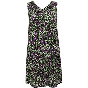 Kaffe Curve Plus-Size Shift Dress voor dames, knielengte, mouwloos, V-hals, dames, zwart/groen/paarse bloem, 42
