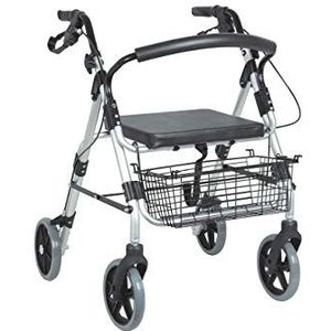 GIMA, Rollator voor oudere mensen, volwassenen of gehandicapten, van aluminium, licht, inklapbaar, met zitting, mand, 4 wielen, achterremmen, kleur grijs, in hoogte verstelbaar.