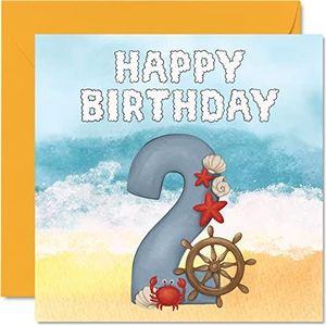 2e verjaardagskaart Unisex - Seaside Beach - Happy Birthday Card 2 Year Old Boys Girls, 145mm x 145mm wenskaart voor zoon dochter broer zus kleinzoon kleindochter nichtje neef neef