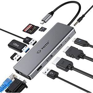 USB C Hub, TOTU Opgewaardeerd 13 in 1 Type C Hub naar 4K HDMI & DP, VGA, 2 USB3.0/2 USB2.0/75W PD, Triple Display Docking Station voor MacBook Pro en Windows USB C Systemen