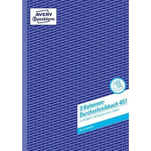 AVERY Zweckform 451 colons doorschrijfboek 3 kolonnen (A4, met 1 vel blauw papier, kolomboek, bedrijfsboek, voor Duitsland en Oostenrijk voor het maken van origineel en kopie, 2 x 50 vellen) wit