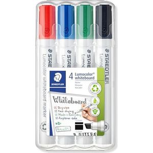 STAEDTLER Whiteboard marker Lumocolor, droog en zonder resten afwasbaar, wigvormige punt ca. 2 of 5 mm, hoge kwaliteit, made in Germany, set met 4 kleuren, 351 B WP4