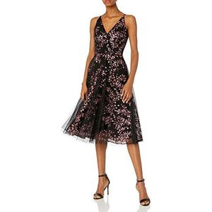 Dress the Population Women's Courtney Sleeveless Veiled Fit & Flare Midi Dress -Fuchsia Multi, X-Large