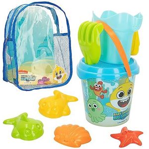 COLORBABY Baby Shark 77247 Strandemmer voor kinderen, met rugzak, schep, hark, gieter en accessoires, zomerspeelgoed voor kinderen en baby's