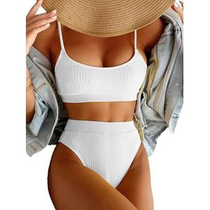 Lilosy Hoge Taille Buikcontrole Geribbelde Bikini Crop Top Braziliaanse Badpak Set 2 Stuk, Kleur: wit., M