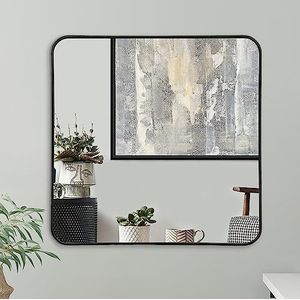 Americanflat 79 cm vierkante zwarte framespiegel met afgeronde hoeken, aluminium frame, wandspiegel voor woonkamer, badkamer en slaapkamer, grote spiegel voor muur met ophangmateriaal