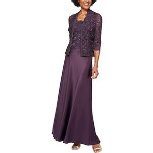 Alex Evenings Women's Two Piece Mother of The Bride Dress with Lace Jacket (Petite and Regular Sizes), Eggplant, 18
