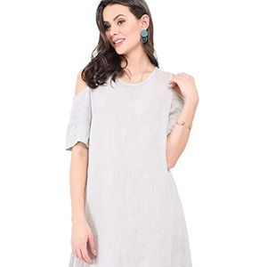 Damesjurk, 100% linnen, gemaakt in Italië, vloeiende lange jurk met rolkraag en zakken, marineblauw, maat: L, Marineblauw, L